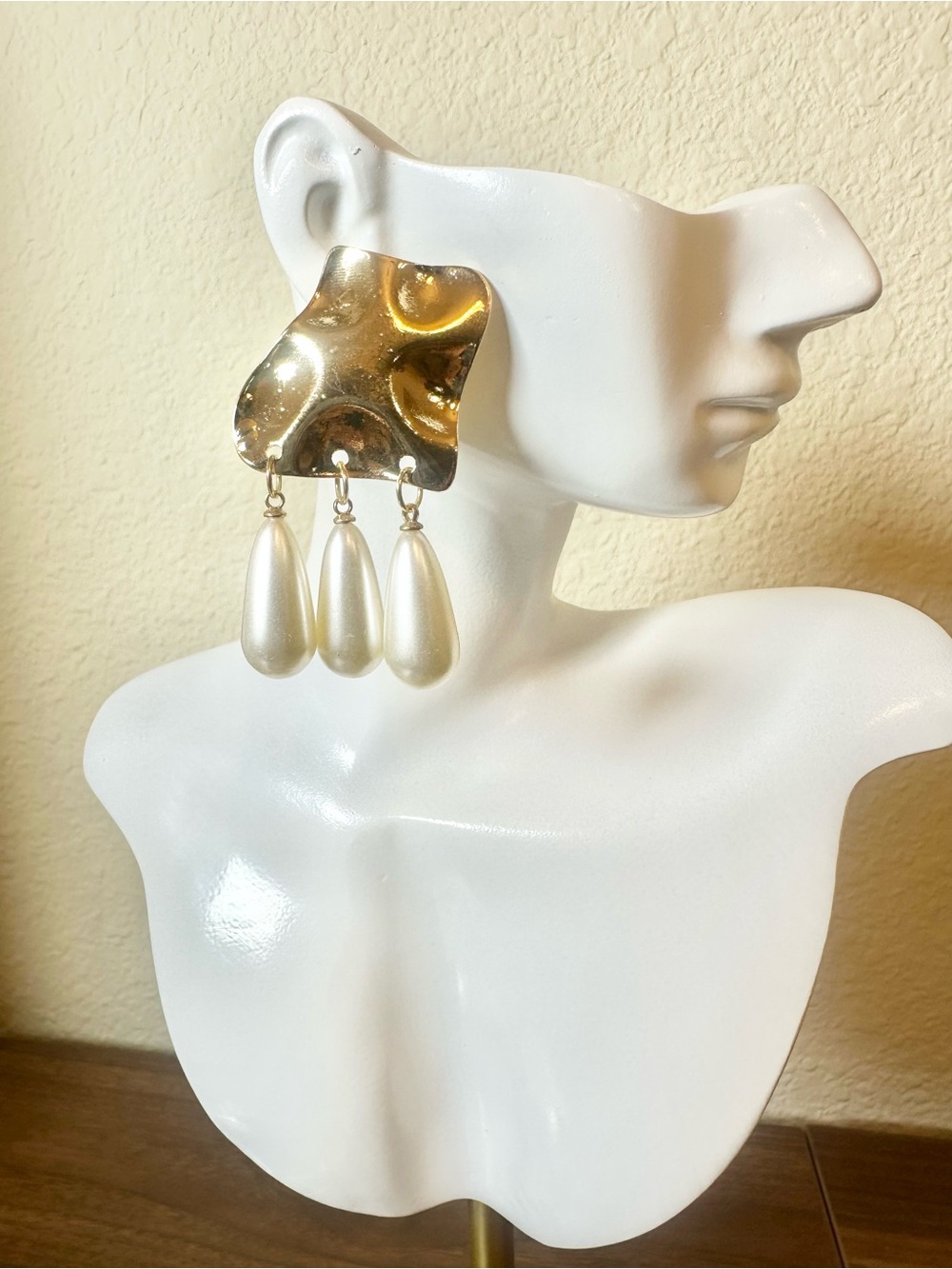 Gold Plated Hammered Pearl Teardrop Dangle Earrings